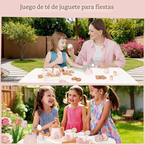 Vista 5 de Juego de té de madera para niñas pequeñas, juguete de juego de té con 27 piezas de accesorios de cocina de simulación, juguete de té de princesa