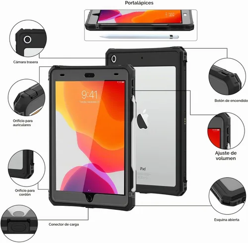 Vista 5 de ShellBox Case Funda impermeable para iPad 10.2 de 9ª/8ª/7ª generación, resistente a prueba de golpes, protector de pantalla integrado con correa