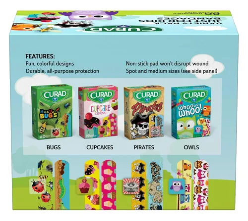 Vista 3 de CURAD Vendas adhesivas de plástico para niños, 4 divertidos temas, coloridas, protección para todo uso, sello de 4 lados, variedad de tamaños, 80