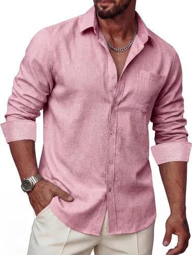 Vista 15 de Camisas de lino para hombre, casual, de manga larga, con botones, ajuste regular, cuello en contraste, con bolsillo