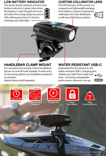 Vista 7 de NiteRider Lumina Micro 950 Luz delantera para bicicleta/Vmax+ 180 luces traseras para bicicleta, paquete combinado - Luces LED para bicicleta