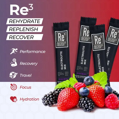 Vista 3 de Re3 - Rehydrate - Replenish - Recover Paquetes de electrolitos en polvo. Sin azúcar, 7 cal, 1.4 carbohidratos. La mejor mezcla de vitaminas
