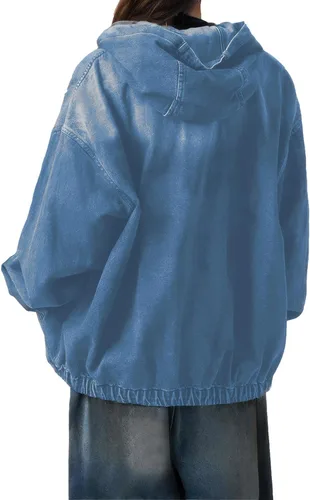 Vista 4 de Sudadera con capucha de mezclilla con cremallera para mujer, abrigos con bolsillos