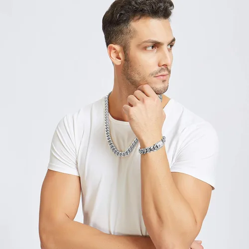 Vista 2 de Mens Miami Cuban Link Chain Whte-Tone 15mm Stainless Steel Curb Necklace Iced Cubia Zirconia Clasp A bit Low-key but classy HipHop Punk Rock
