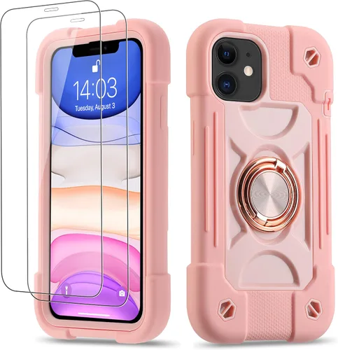 Vista 73 de Funda para iPhone 11 de 6.1 pulgadas con soporte de anillo, con 2 protectores de pantalla de vidrio, resistente a los golpes, resistente a