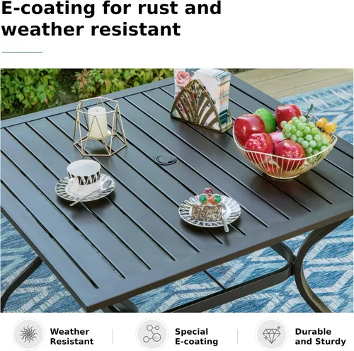 Vista 3 de MFSTUDIO Juego de mesa de comedor para patio al aire libre con paraguas, 4 sillas giratorias y 1 x 37 cuadrado Bistro forjado Iorn Slat mesa grande