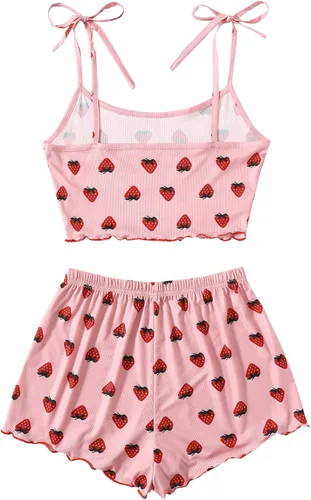Vista 2 de SweatyRocks - Conjunto de pijama de verano con pantalones cortos, con estampado de fresas, para mujer