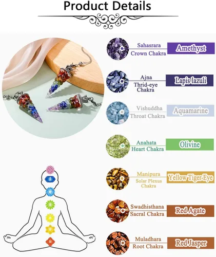 Vista 5 de Jovivi Péndulos naturales de cristal de 7 chakras para radiestesia de adivinación, corona de cono de espiral, péndulo puntiagudo con cadena, piedras