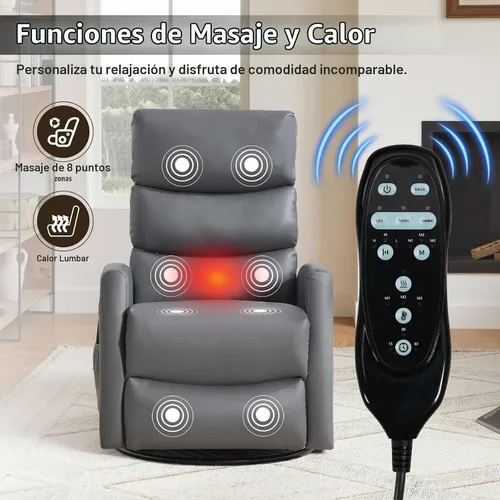 Vista 7 de SoarFlash Mecedora reclinable giratoria de 360°, mecedora con masaje de calor y vibración, silla de piel sintética para sala de estar, espacios