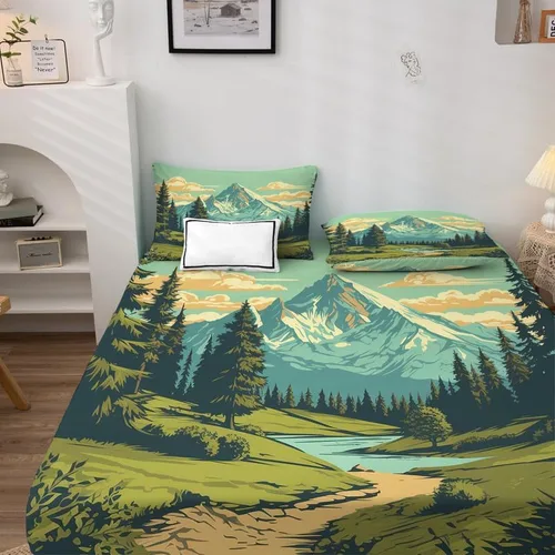 Vista 3 de Juego de sábanas de tamaño individual – Juego de sábanas de bosque de montaña, sábanas y fundas de almohada, microfibra suave, bolsillo profundo