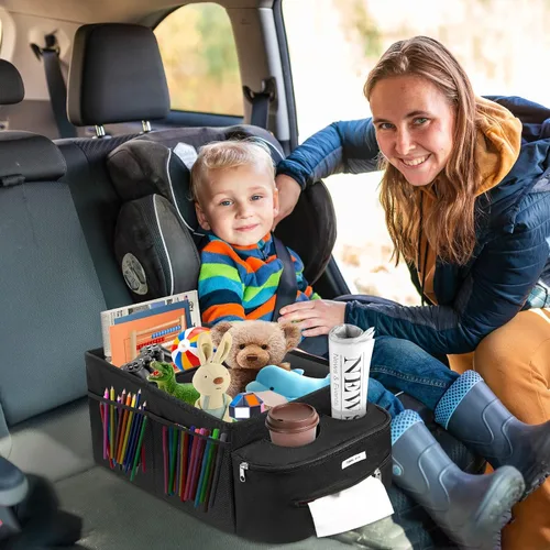 Vista 4 de FUNNy elf Organizador de asiento de pasajero, almacenamiento plegable para automóvil con particiones y 4 portavasos para asiento delantero o trasero