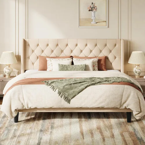 Vista 15 de SHA CERLIN Marco de cama tapizado completo, diseño capitoné con botones, color beige