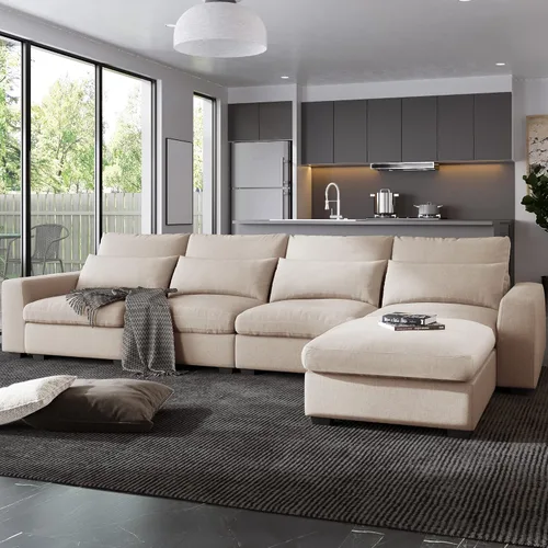 Vista 3 de U Style - Sofá modular grande en forma de L relleno de plumas, sofá convertible con diván reversible para sala de estar (beige)