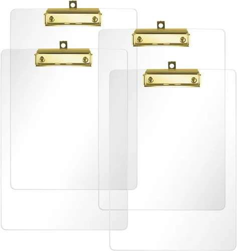 Vista 10 de Moocci Portapapeles transparentes de acrílico grueso, bonito portapapeles transparente con clip dorado fuerte agujero oculto para colgar papel A4