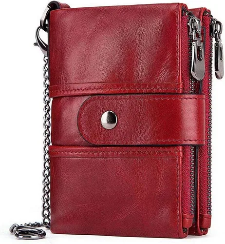 Vista 8 de boshiho Carteras de cuero auténtico con bloqueo RFID para hombre, billetera de doble pliegue con bolsillo para monedas con cremallera, con cadena