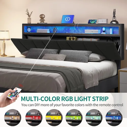 Vista 4 de YITAHOME Base de cama tapizada tamaño Queen, base de cama LED con cabecero de almacenamiento, cama plataforma con toma de corriente y puertos USB
