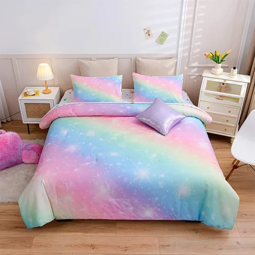 Vista 13 de A Nice Night Juego de ropa de cama de 6 piezas con purpurina degradada para niñas, tamaño completo, juego de edredón colorido de galaxia arcoíris