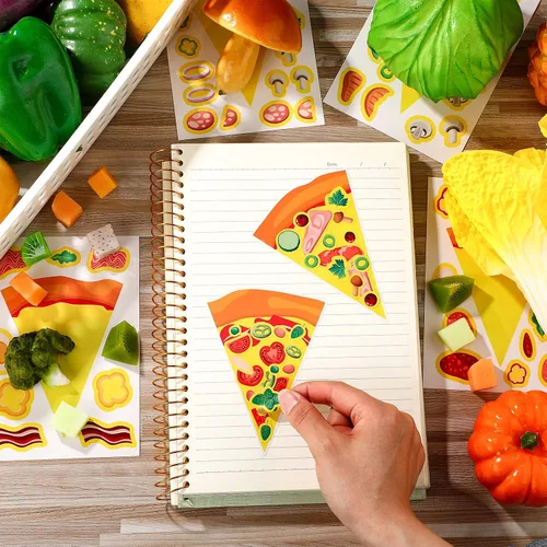 Vista 4 de Zonon 48 hojas de calcomanías de pizza para niños, regalos de fiesta de cumpleaños, pizza, manualidades, planeta, fiesta, juegos, decoración, crea