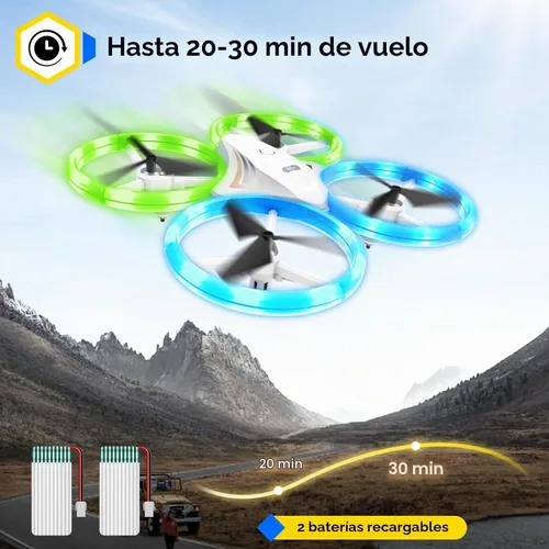 Vista 3 de Drones para niños, dron RC con luces LED frescas, mini control remoto, para interiores y exteriores, cuadricóptero RC con giro 3D y 2