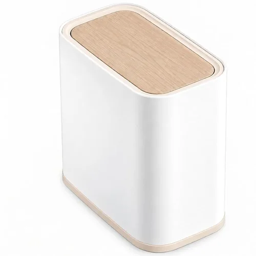 Vista 13 de Basurero pequeño para baño con tapa, 3.2 galones, color blanco Tapa de madera