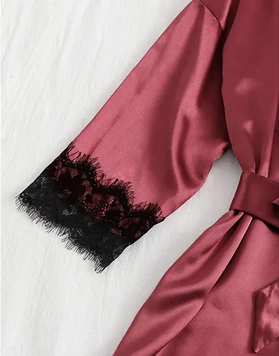 Vista 3 de Conjunto de pijama de satén de encaje de 4 piezas para mujer con bata
