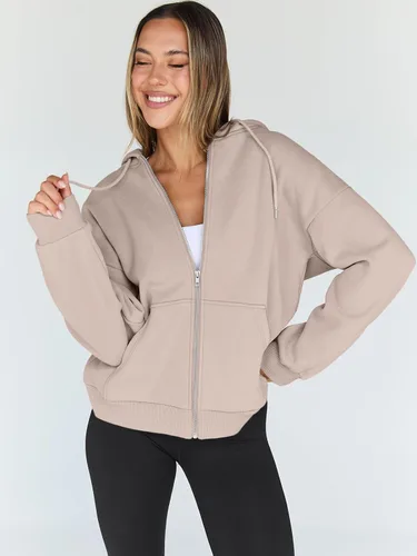 Vista 2 de Trendy Queen - Sudaderas con capucha y cremallera para mujer, sudaderas de gran tamaño, trajes de moda de otoño, chaquetas informales, ropa
