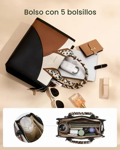 Vista 3 de LOVEVOOK Purses and Handbag for Women, Waterproof PU Leather Tote Purse with Scarf, Satchel Top Handle Bags with Strap Marrón vintage