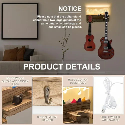 Vista 3 de Threehoney - Soporte de pared para guitarra con 3 ganchos, color claro