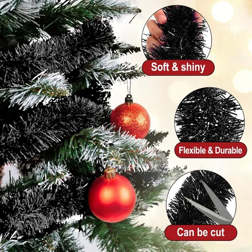 Vista 3 de Guirnalda de oropel de Navidad negra de 25 pies, guirnalda de papel de aluminio metálico para colgar en la pared, telón de fondo para flotadores