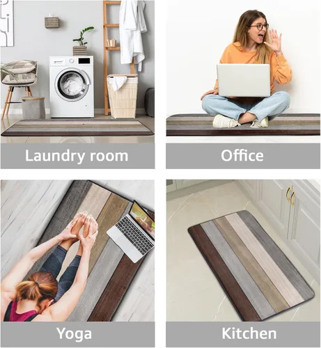 Vista 5 de Tapete de cocina con estampado de tablero de madera para piso, tablones marrones rústicos, acolchado, antifatiga, lavable, tapete de espuma