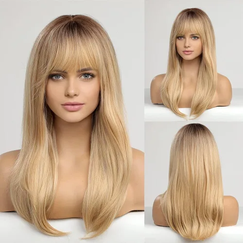 Vista 15 de HAIRCUBE Pelucas largas de color marrón oscuro con reflejos para mujer, peluca de pelo sintético rizado ondulado para uso diario
