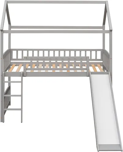 Vista 3 de Litera con tobogán y cama inferior con forma de casa, sin necesidad de somier, para adolescentes, niñas o niños, tamaño individual, color gris Merax