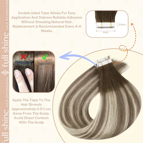 Vista 4 de Full Shine - Extensiones de cabello con cinta, color marrón ceniza # 3 marrón nogal a 8 marrón avellana y 22 rubio ceniza