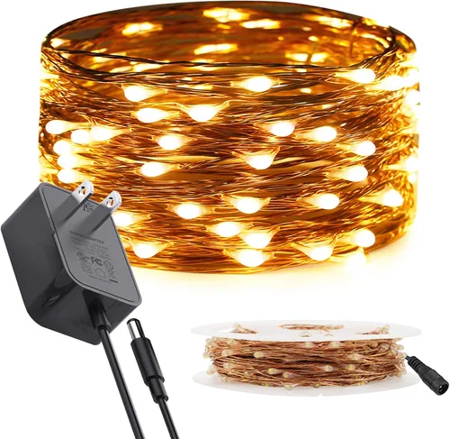 Vista 14 de RUICHEN Guirnalda de luces de alambre de cobre enchufable de 33 pies, 100 luces LED con carrete, color morado