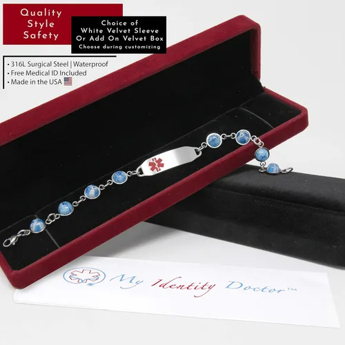 Vista 3 de My Identity Doctor Medical Alert Bracelet for Women with Free Engraving, Blue Glass Stainless Steel Personalized Medic ID Custom Sized Chain - Star