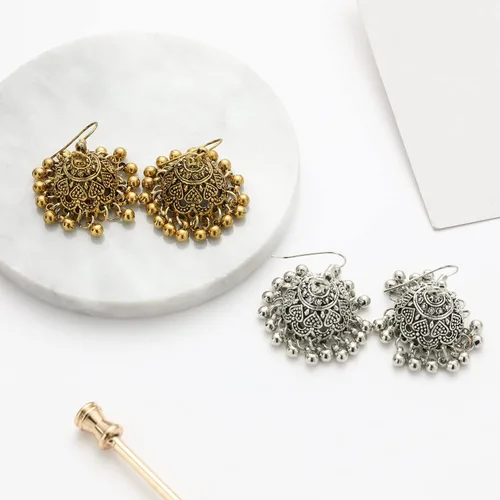 Vista 6 de Pendientes de borla estilo vintage, estilo étnico, plateado, chapado en oro, para mujer, 2