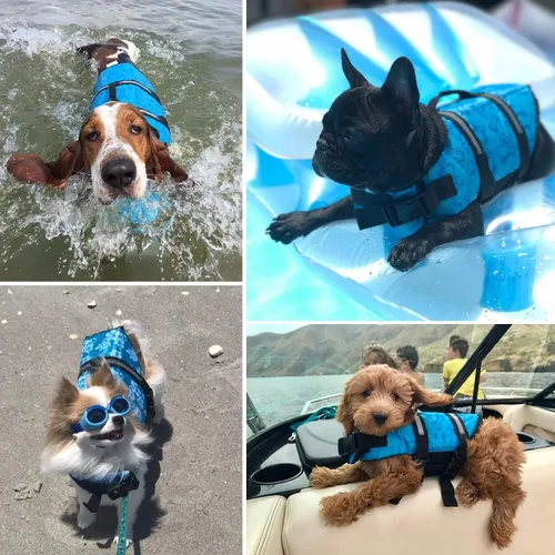 Vista 2 de Chaleco salvavidas para perros de fácil ajuste con cinturón ajustable para proteger las mascotas, traje de baño de seguridad para nadar con rayas