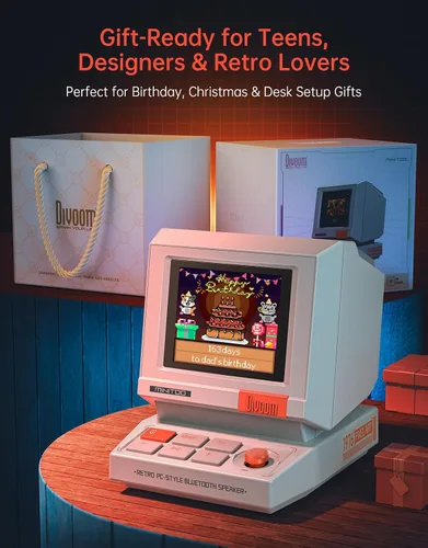 Vista 13 de Divoom MiniToo Retro Altavoz de Computadora de Estilo PC, Pantalla de Pixeles Inteligente con Caras Personalizadas, Bluetooth y Audio USB, Reloj