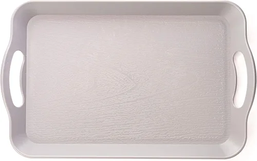 Vista 2 de Bandeja de cafetería con mango – Bandeja rectangular de plástico texturizado de grano de madera para TV de 14 x 9 pulgadas – Ideal para bufés de Gris