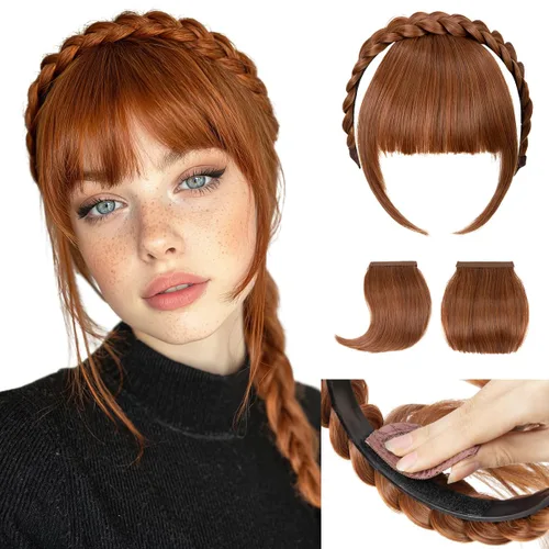 Vista 11 de SARLA Diadema trenzada con 3 flequillos desmontables con clips, extensiones de cabello con flequillo para mujer, banda de cabello sintética falsa
