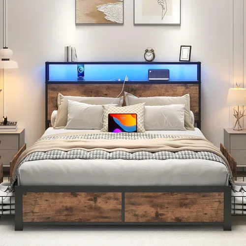 Vista 3 de Lifezone Estructura de Cama Full con Cabecero de Almacenamiento de 2 Niveles, Estructura de Cama de Plataforma de Metal con 4 Cajones de Marrón