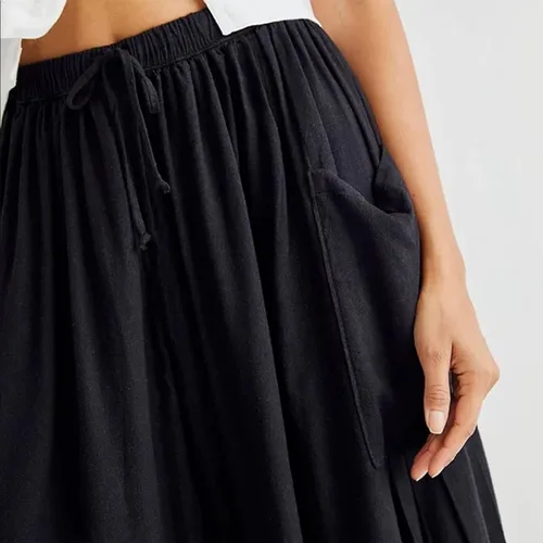 Vista 4 de Quinn - Pantalones de lino para mujer, talla grande, de pierna ancha, con bolsillos, holgados, hippie, harén, bohemios, para playa