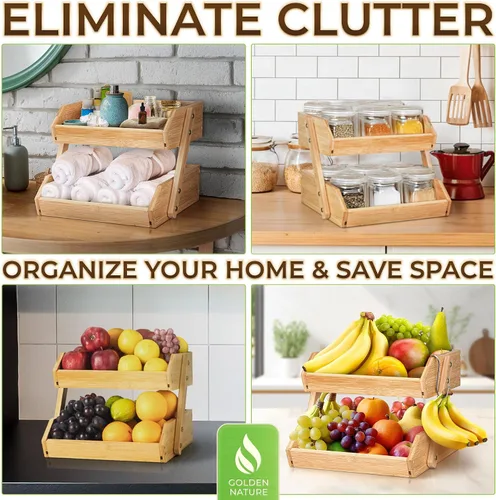 Vista 6 de Cesta de frutas con colgador de plátano – Organizador de almacenamiento de frutas y verduras de bambú de 2 niveles para encimera de cocina – Ligero