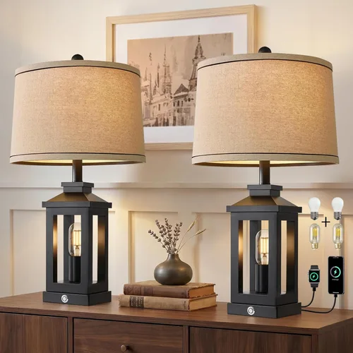 Vista 11 de G-SAFAVA Lámparas de mesa de granja de 23.75 pulgadas, puertos de carga USB A+C, lámpara de control táctil regulable de 3 vías, luz nocturna