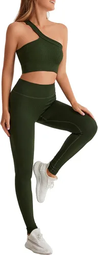 Vista 2 de Yknktstc Conjuntos de entrenamiento para mujer brasier deportivo acanalado sin costuras traje de 2 piezas cintura alta gimnasio yoga leggings