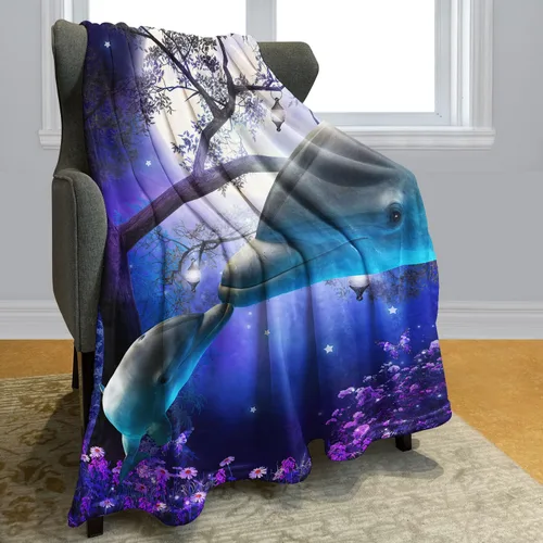 Vista 2 de SXCHEN Manta Late Night Forest Blue Whale 2 delfines de 59.8 x 79.5 in
