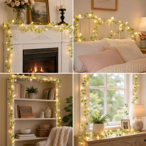Vista 5 de Vigdur Paquete de 2 Luces de Vid – Cadena de luces de hiedra de hojas pequeñas con 48 luces de flor de cerezo alimentadas por batería, impermeables