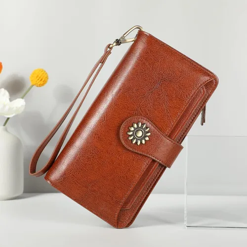Vista 3 de Lavemi Carteras de cuero genuino de gran capacidad con bloqueo RFID para mujer, tarjetero con correa para la muñeca