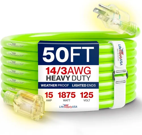 Vista 135 de Cable de extensión SJT de 12/3 300 V con luz LED para uso en interiores y exteriores con enchufe con iluminación LED Amarillo