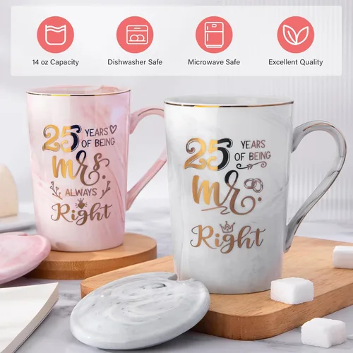 Vista 2 de Biching Regalos de Boda del 25º Aniversario, 25 Años de Ser Mr Right & Mrs Always Right Taza de Café Regalos para Parejas Padres Mujeres Hombres